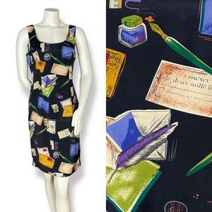Vintage Novelty Print Dress Stationary Letters Black Sheath Rayon Black Unique